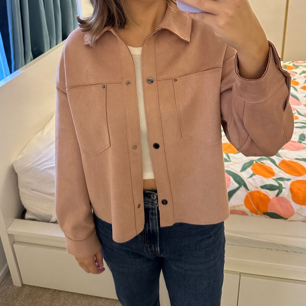 Zara Suede Cropped Lightweight Pink Jacket Size Small Oversized Fall